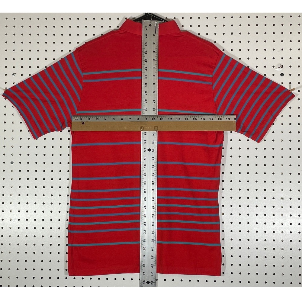 Vintage Izod Lacoste Men L Red Blue Striped Cotton Lisle Pocket Polo Shirt - Picture 2 of 4